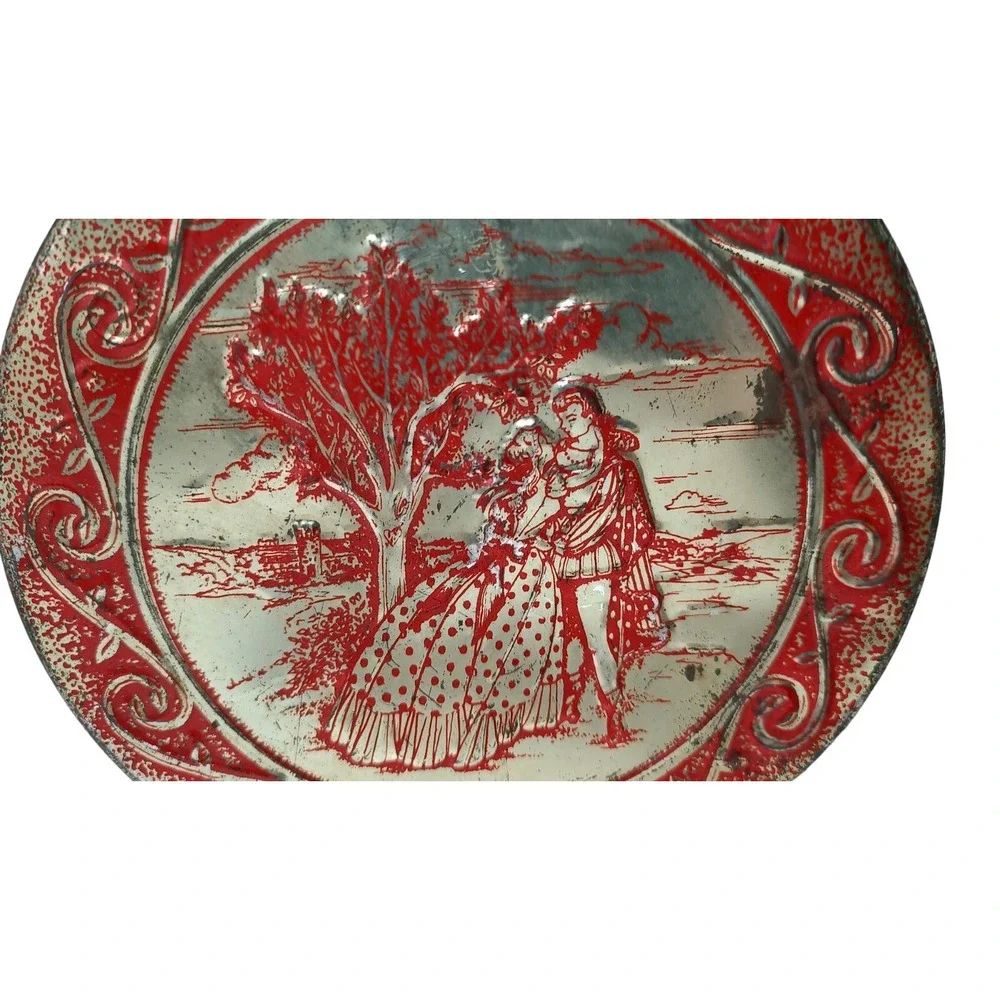 Vintage Embossed‎ Tin Sweets Romantic Couple Red Gold Round Seven Inch Tin SEE